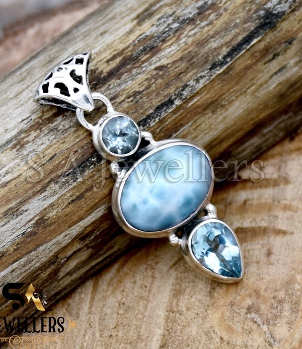 Natural Larimar Silver Pendant, Blue Topaz Pendant, 925 Sterling Silver Pendant