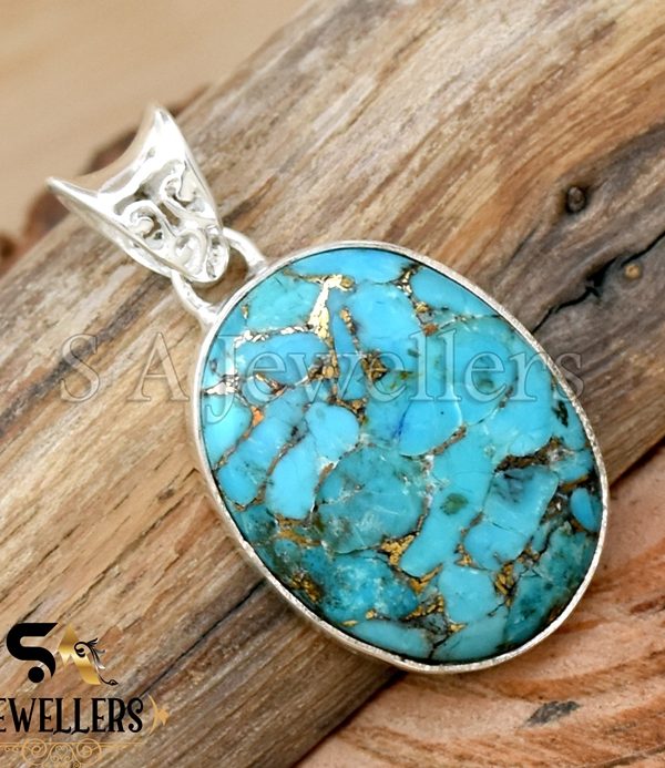 Blue Copper Turquoise Silver Pendant, Turquoise Pendant, 925 Sterling Silver Pendant