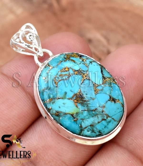 Blue Copper Turquoise Silver Pendant, 925 Sterling Silver Pendant