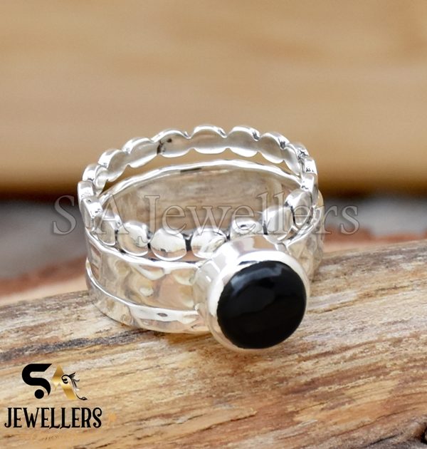 Black Onyx Silver Ring, 925 Sterling Silver Ring, Triple Band Ring