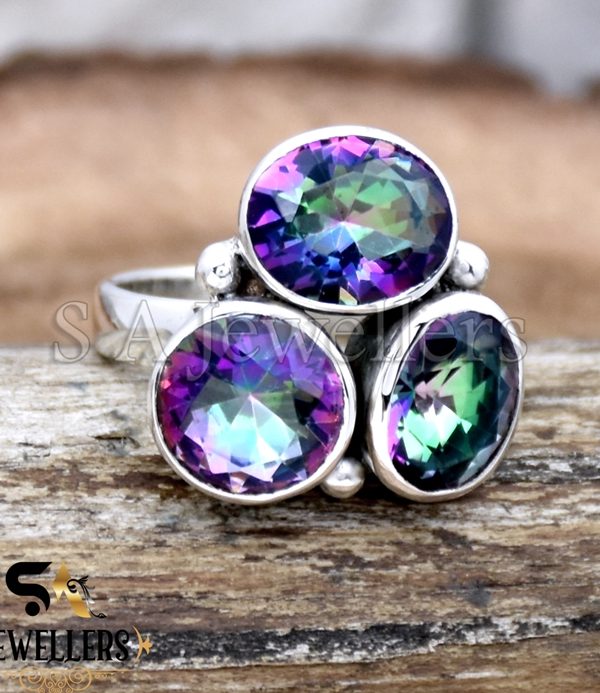Mystic Topaz Ring, Three Gemstone Ring, 925 Sterling Silver Ring, Gift For Her