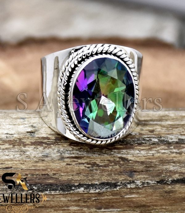 Mystic Topaz Silver Ring, 925 Sterling Silver Ring, Wide Band Ring, Women's Ring