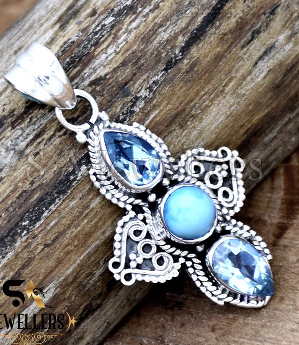 Natural Larimar & Blue Topaz Silver Pendant, 925 Sterling Silver, Designer Pendant