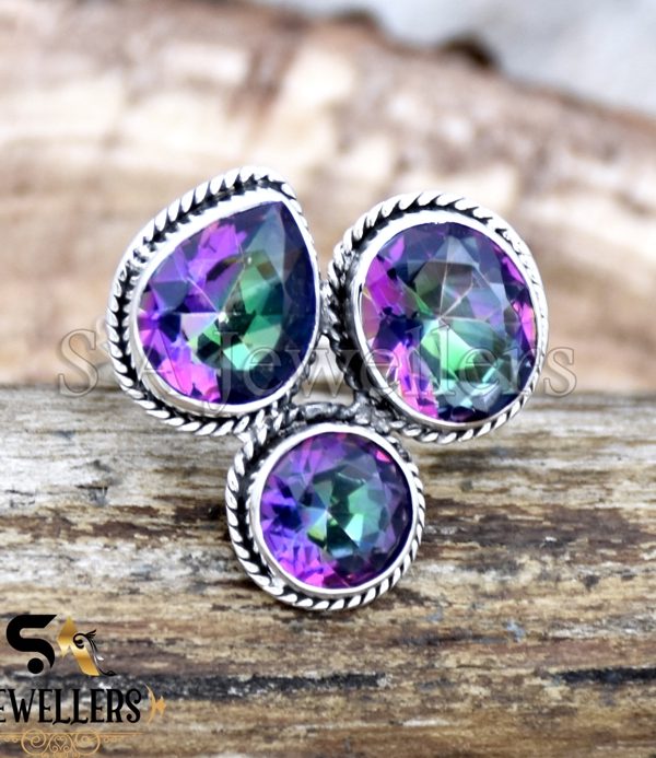 Mystic Topaz Ring, Three Gemstone Ring, 925 Sterling Silver Ring, Gift For Her