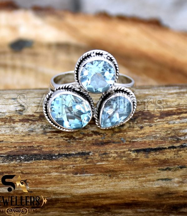 Blue Topaz Ring, 925 Sterling Silver Ring, Three stone Ring, Party wear Girls Ring