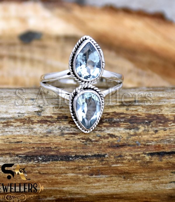 Natural Blue Topaz Ring, 925 Sterling Silver Ring, Double Stone Ring, Gift For Her