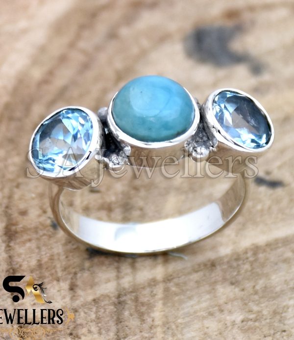 925 Sterling Silver Ring, Larimar And Blue Topaz Ring, Gemstone Ring