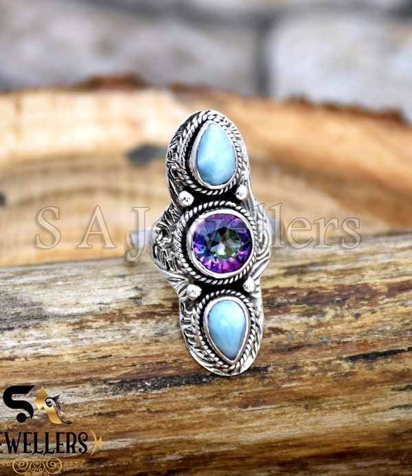 Natural Larimar Ring, 925 Sterling Silver Ring, Mystic Topaz Ring, Gift For Her