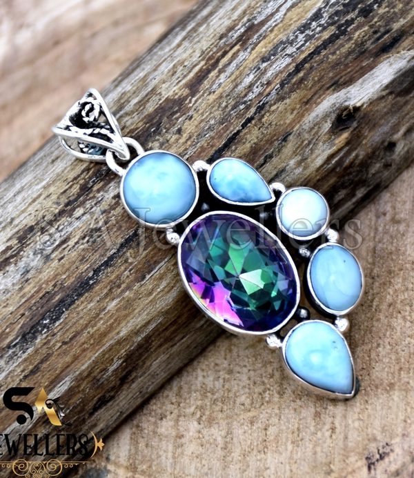 925 Sterling Silver Pendant, Natural Larimar Silver Pendant, Jewelry for girls, Mystic Topaz Pendant