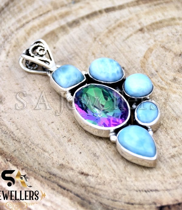 925 Sterling Silver Pendant, Natural Larimar Pendant, Mystic Topaz Pendant, Gemstone Jewelry