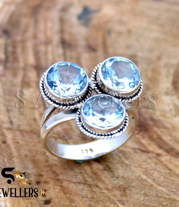925 Sterling Silver Ring, Blue Topaz Ring, Handmade Jewelry, Three stone Ring