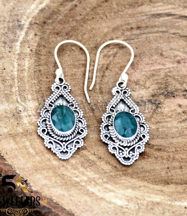 Indian Emerald Earrings, 925 Sterling Silver Earring, Designer Silver Earring