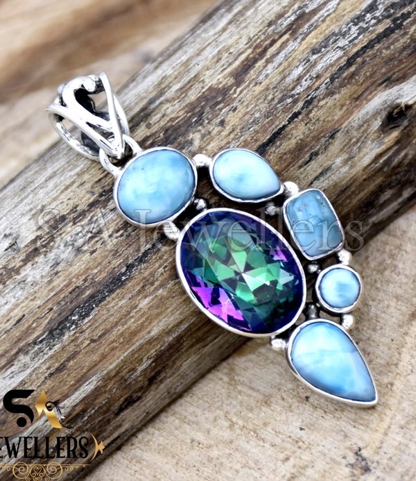 Natural Larimar and Mystic Topaz Pendant, 925 Sterling Silver Pendant, Unique Jewelry