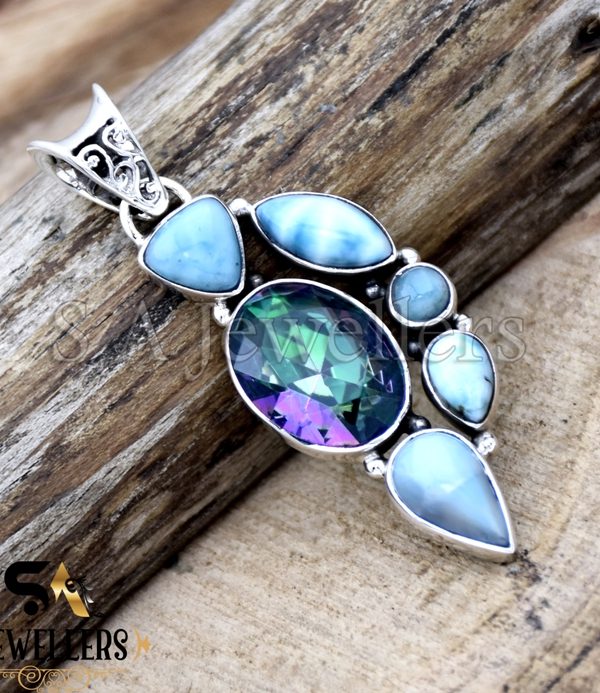925 Sterling Silver Pendant, Natural Larimar and Mystic Topaz Pendant, Best Gift for Her