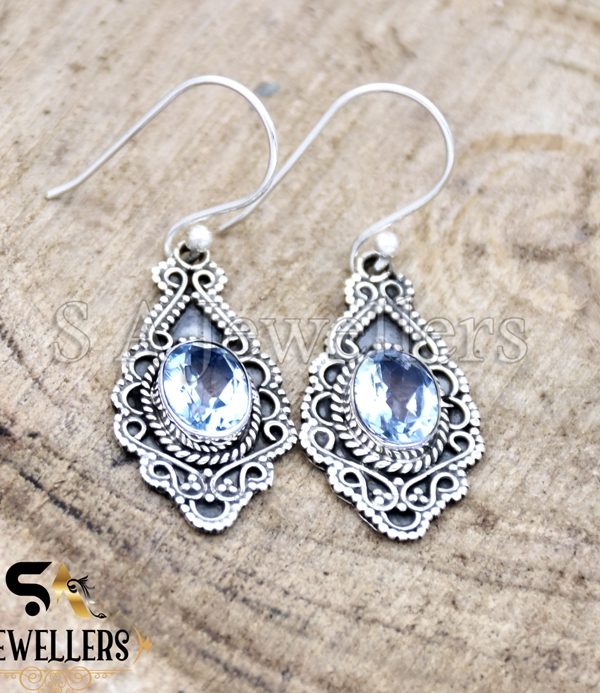 Natural Blue Topaz Earrings, 925 Sterling Silver Earring, Designer Silver Earring