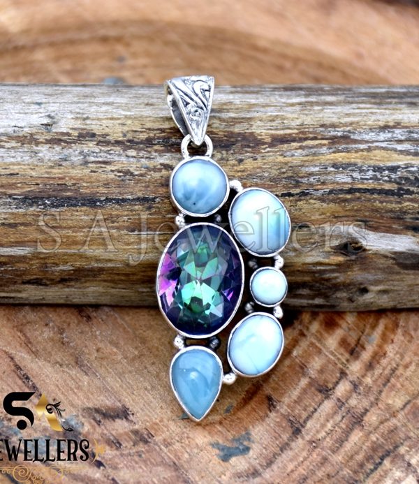 Natural Larimar and Mystic Topaz Pendant, 925 Sterling Silver Pendant, Silver Jewelry