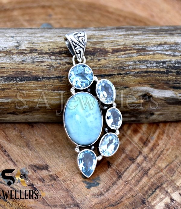 Natural Larimar and Blue Topaz Pendant, 925 Sterling Silver Pendant, Silver Pendant