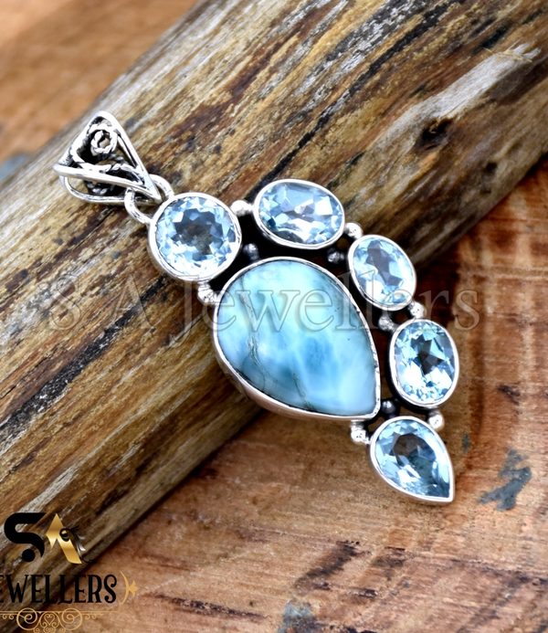 Wholesale Natural Larimar and Blue Topaz Pendant, 925 Sterling Silver Pendant