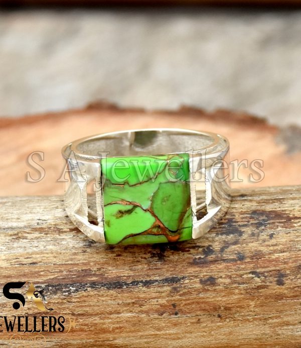 Green Copper Turquoise Ring, Men's Ring, 925 Sterling Silver Ring, Statement Ring
