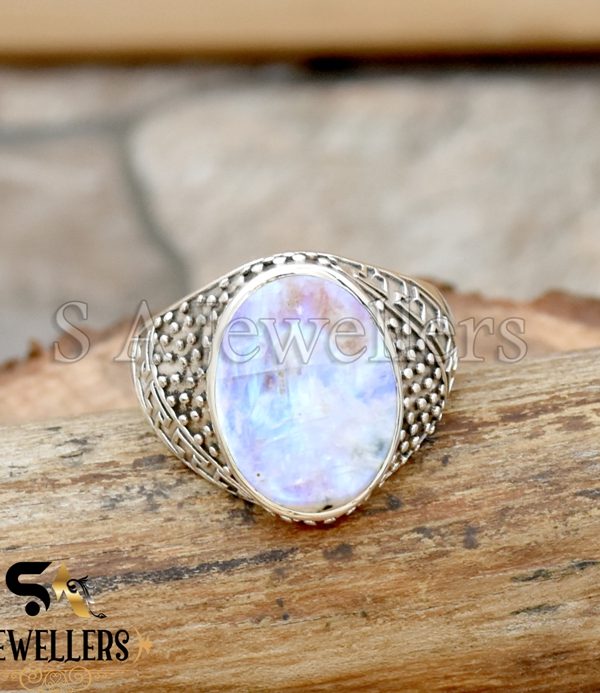 Natural Rainbow Moonstone Ring, 925 Sterling Silver Ring, Men's Statement Ring