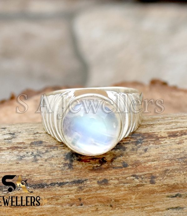 Blue Moonstone Cabochon Statement Ring, 925 Starling Silver Men's Ring