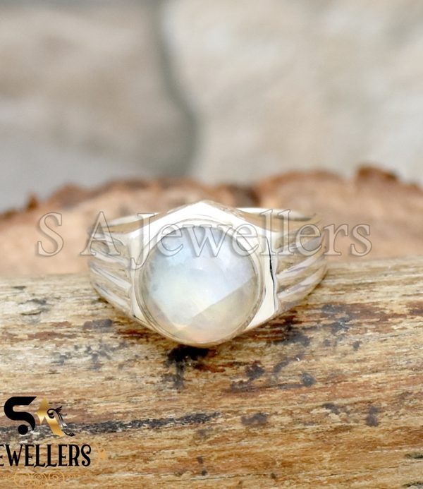 Natural Moonstone Cabochon Statement Ring, 925 Starling Silver, Gift For Him