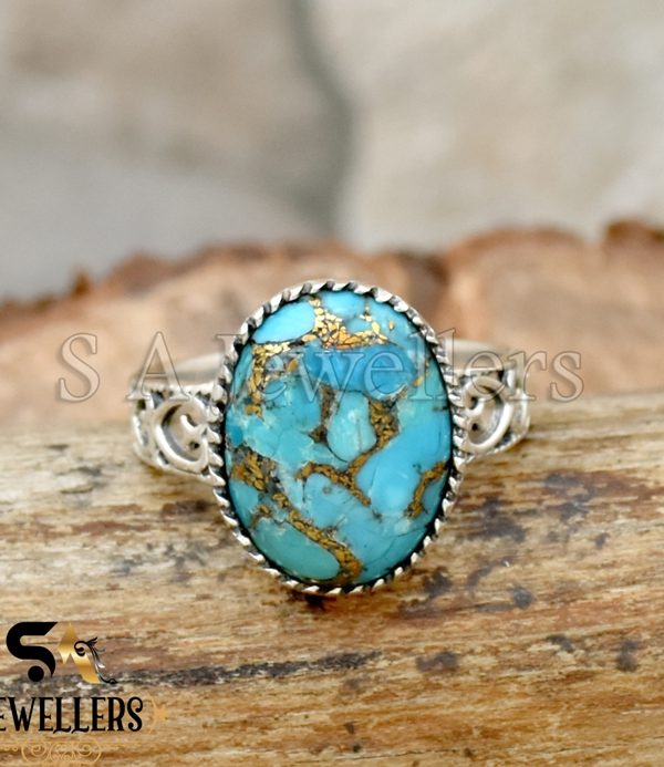 Blue Copper Turquoise Ring, Turquoise Cabochon Ring, 925 Starling Silver Ring