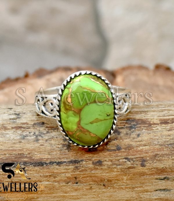 Green Copper Turquoise Ring, Turquoise Cabochon Ring, 925 Starling Silver Ring