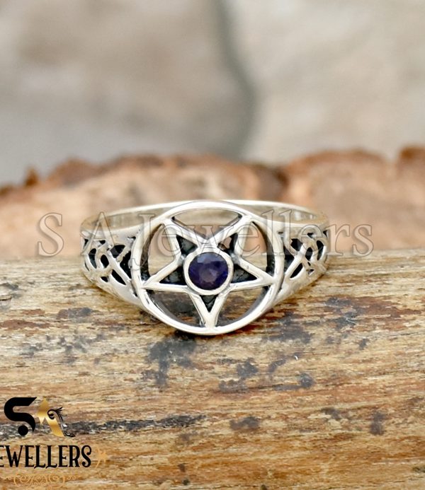 925 Sterling Silver Pentacle Pentagram Ring Iolite Celtic Trinity Ring