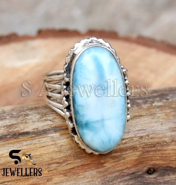 925 Sterling Silver Ring, Natural Larimar Ring, Multi Wire Ring