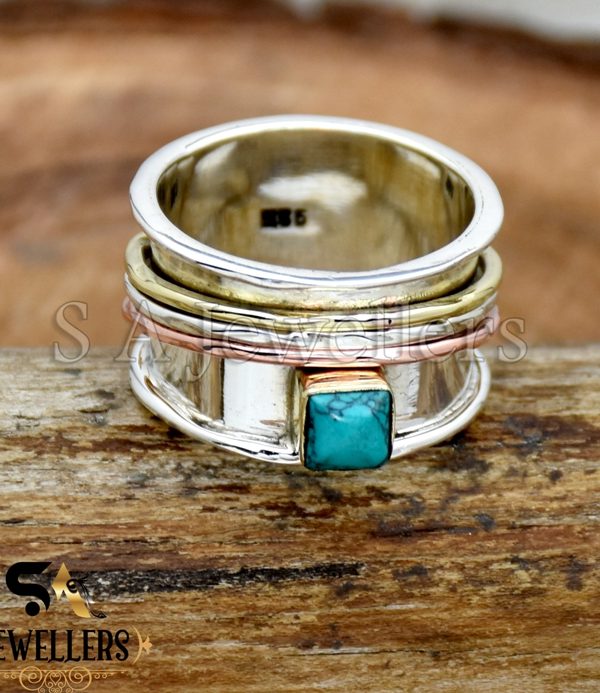 Turquoise Spinner Ring, 925 Sterling Silver Ring, Wide Band, Three Tone Ring