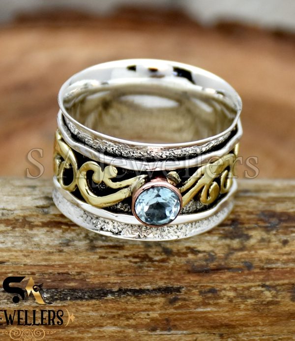 Blue Topaz Spinner Ring, 925 Sterling Silver Ring, Three Tone Ring, Wide Band