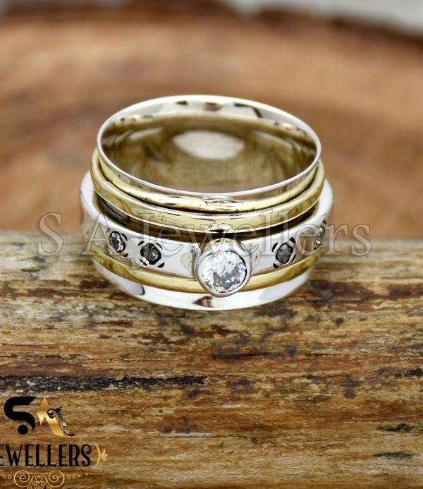 C Z Stone Spinner Ring, 925 Sterling Silver Ring, Two Tone Ring, Spinner Band