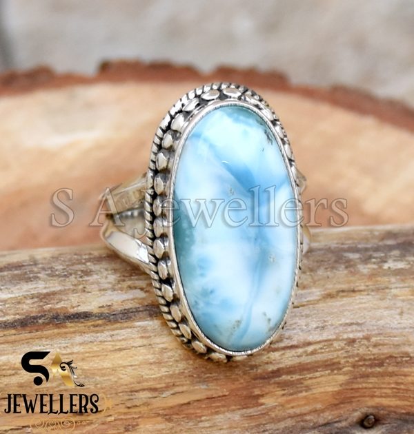 Natural Larimar Ring, 925 Sterling Silver Ring, Handmade Silver Ring