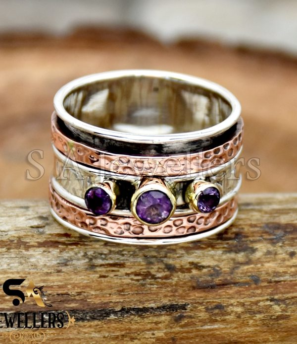 Amethyst Spinner Ring, 925 Sterling Silver Ring, Three Tone Ring, Wide Band Ring