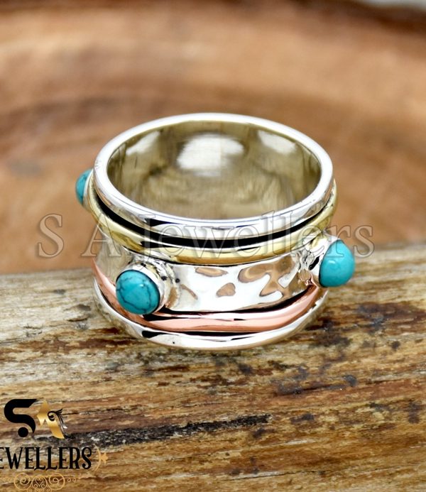 Turquoise Spinner Ring, 925 Sterling Silver Ring, Three Tone Ring, Hammered Band