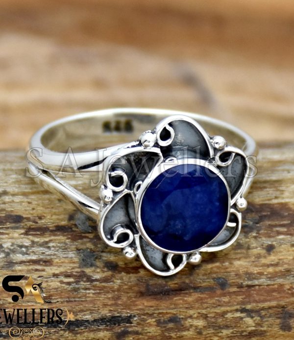 Blue Sapphire Ring, Oxidized Flower Ring, 925 Sterling Silver, Gift For Her