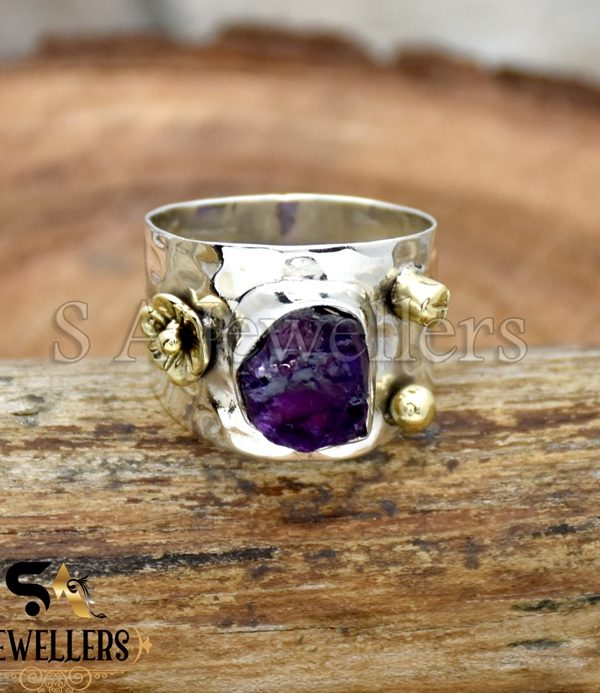 Natural Amethyst Ring, Crystal Raw Ring, 925 Sterling Silver, Wide Band Two Tone Ring