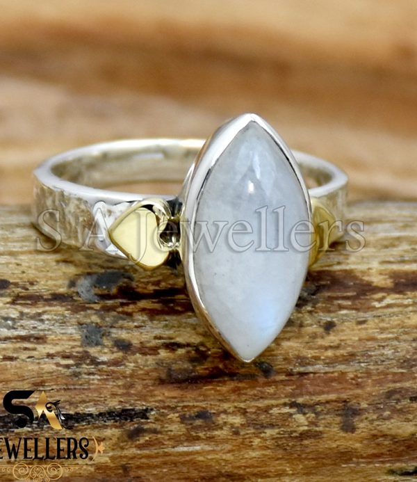 Natural Moonstone Ring, Hammered Band, 925 Sterling Silver, Two Tone Ring