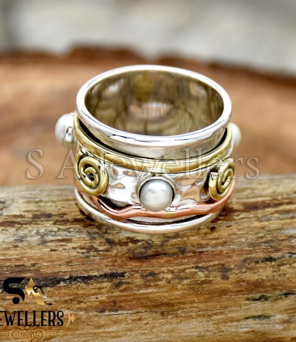 Pearl Spinner Ring, 925 Sterling Silver Ring, Three Tone Ring, Wide Band Ring