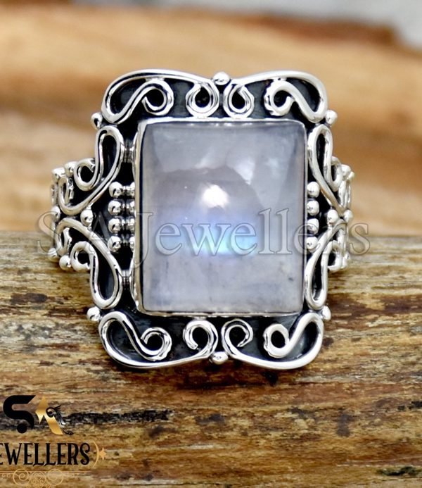 Natural Rainbow Moonstone Ring, Statement Boho Ring, 925 Sterling Silver