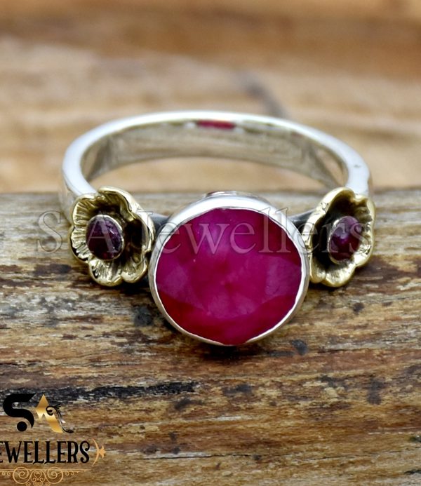 India Ruby Ring, Flower Ring, 925 Sterling Silver, Boho Ring, Two Tone Ring