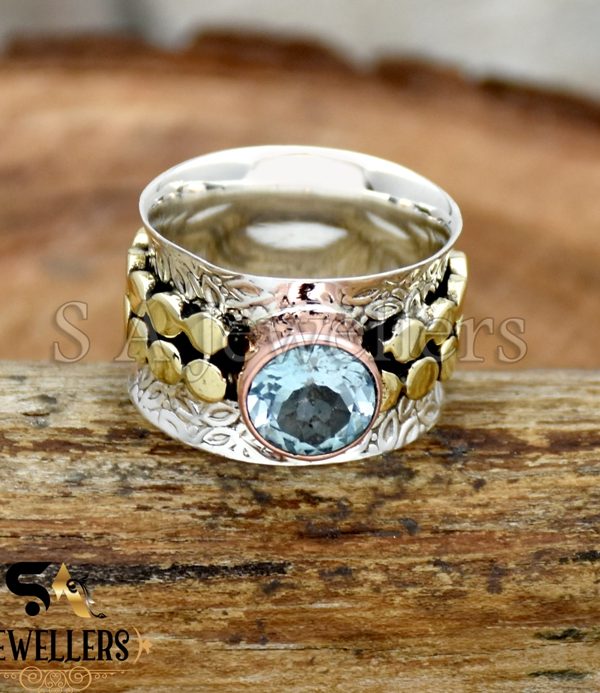 Blue Topaz Silver Ring, 925 Sterling Silver Ring, Wide Band Ring, Two Tone Ring