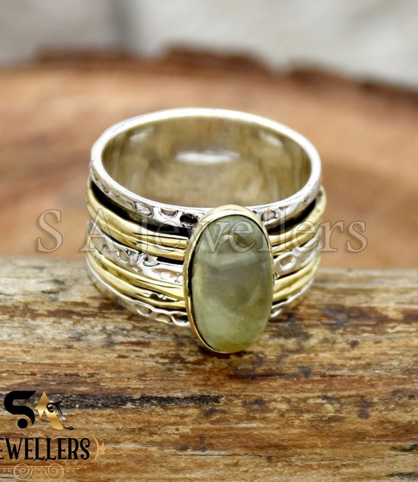 Natural Prehnite Quartz Spinner Ring, 925 Sterling Silver Ring, Two Tone Ring