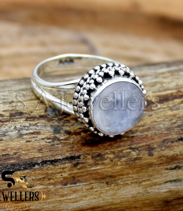 Rainbow Moonstone Ring, Round Stone Ring, 925 Sterling Silver Ring