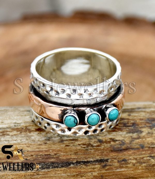 Turquoise Spinner Ring, 925 Sterling Silver Ring, Two Tone Ring, Wide Band Ring