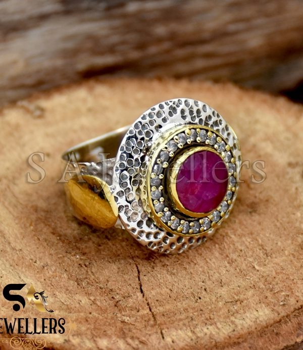 Indian Ruby Silver Ring, 925 Sterling Silver Ring, Two Tone Ring