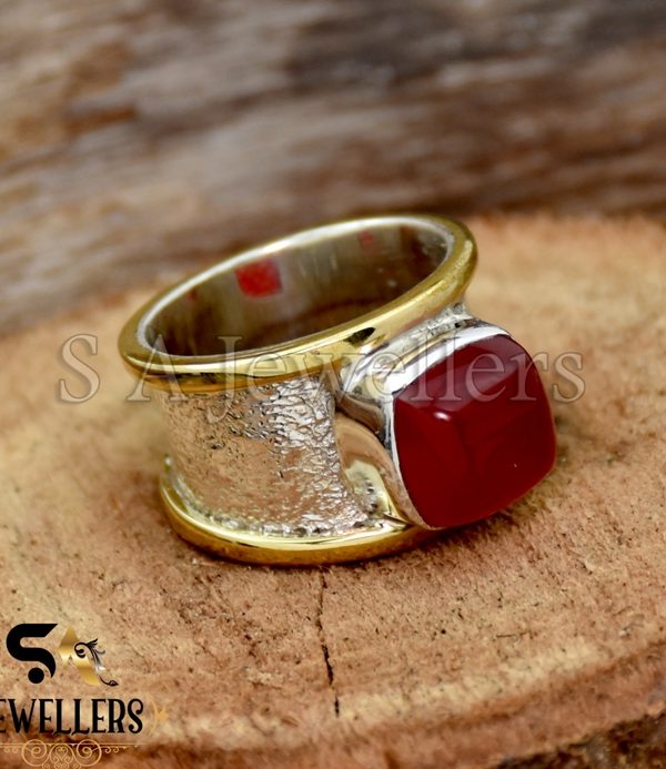 Red Onyx Silver Ring, 925 Sterling Silver Ring, Two Tone Ring
