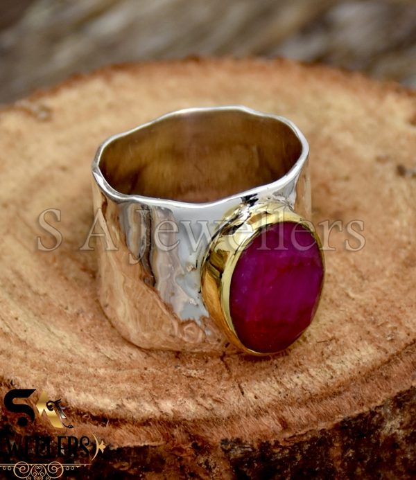 Indian Ruby Silver Ring, 925 Sterling Silver Ring, Two Tone Ring, Wide Band Ring
