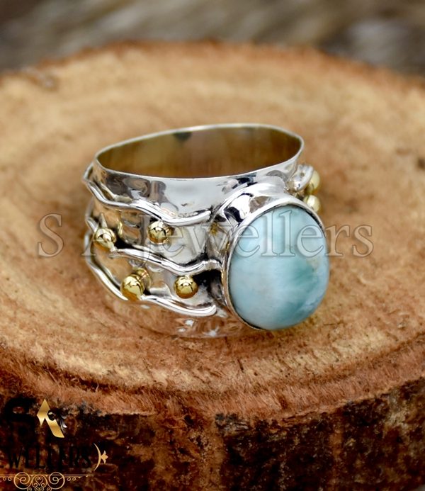 Natural Larimar Silver Ring, Brass Ball Ring, 925 Sterling Silver Ring,